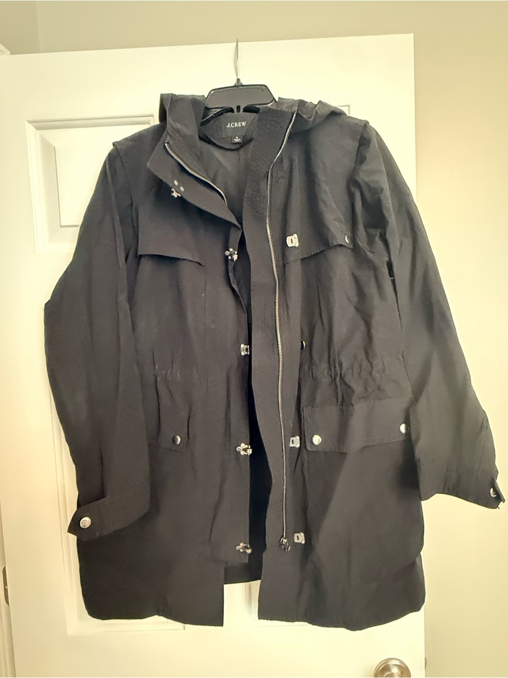 J. Crew Black Hooded Raincoat with Snap & Zipper Closure